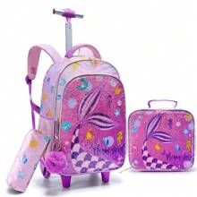 BLING BABIES 3 Pezzi Set Zaino con Ruote per Ragazze, Design Carino a Sirena con Paillettes Rosa, Zaino Scolastico con Ruote per Studenti delle Elementari, Bambini, con Borsa Pranzo e Astuccio