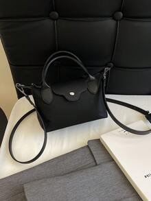 Women's Fashion Casual Versatile Color Block Dumpling Shaped Tote Bag, Minimalist Nylon Square Handbag, Vintage Style Shoulder Bag With Detachable Strap, Suitable For Teenagers, College Students, Young Professionals, Office, Campus, Work, Business And Commuting - Black - View 10