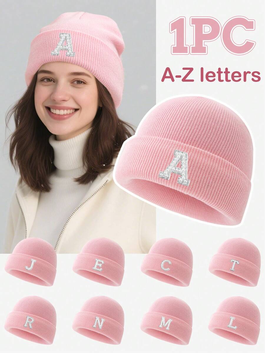 1pc Women's Fashion 26 Faux Pearl Letter Decor Elastic Warm Knit Hat, Outdoor Cold-Proof Cap, Suitable For Autumn/Winter Daily Wear, Matching, Great Gift Autumn Accessories - Pink - View 1