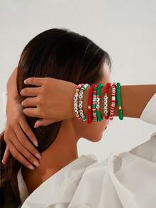 6 款圣诞手链套装 - 绿色圣诞麋鹿和红色圣诞糖果可叠戴手链，适合个人装饰、圣诞礼物、儿童礼物、生日礼物、友谊手链、节日派对礼物，充满欢乐的圣诞风格，适合女性和青少年，3 岁至成人，非常漂亮的装饰，完美的圣诞礼物 - 彩色 - 查看 3