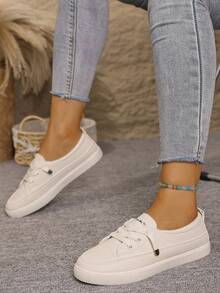 秋冬大码女士运动鞋，米色休闲运动鞋，百搭学生运动鞋，平底时尚滑板鞋，系带休闲白色运动鞋 - 米色 - 查看 8