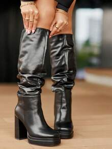 Damen Mode vielseitige Pendelstiefel mit hohem Absatz über dem Knie - Schwarz - Übersicht 2