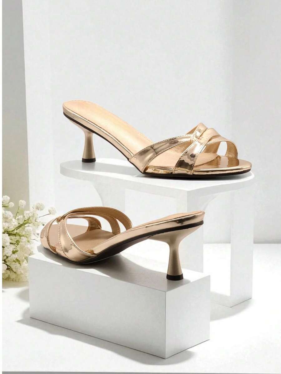 Women's Fashionable Elegant High Heel Slide Sandals - Gold - View 1