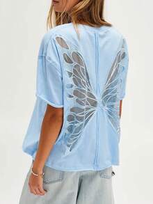Butterfly See Through T Shirts For Women Oversized Short Sleeve Round Neck Back Sheer Mesh Tee Shirt Top Summer Party Club Going Out Tops Halloween Holiday Clothes Y2K Streetwear - 淺藍色 - 查看 1