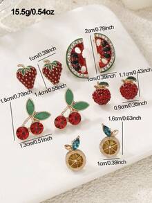 5 对时尚水果设计水钻耳环套装，西瓜、柠檬、草莓、苹果，优雅迷你彩色耳环，适合女士日常佩戴和派对配饰，礼物