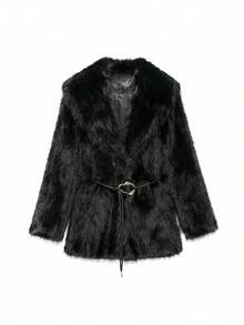 Camellia Autumn/Winter New Faux Fur Effect Mid-Length Thick Warm Coat With Belt - Black 1 - View 3