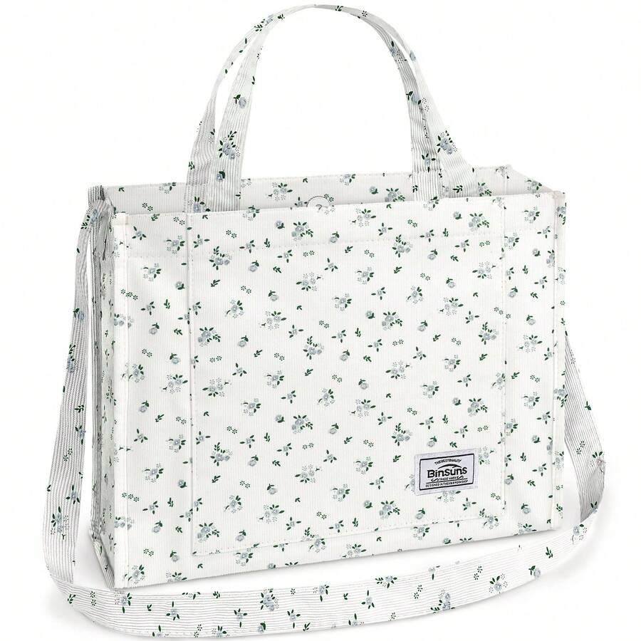 Corduroy Handbag, Square Casual Bag, Stylish Commuting Bag With Large Pocket, Women Shoulder Bags Work Handbags Everyday Hobo Bag-Little Grey Flower - 小灰花 - 查看 1