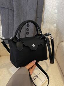 Women's Fashion Casual Versatile Color Block Dumpling Shaped Tote Bag, Minimalist Nylon Square Handbag, Vintage Style Shoulder Bag With Detachable Strap, Suitable For Teenagers, College Students, Young Professionals, Office, Campus, Work, Business And Commuting - Black - View 9