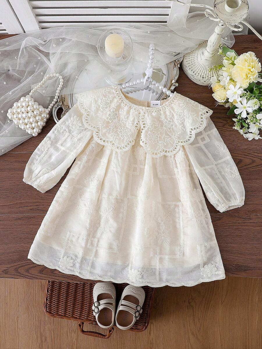 Vestido de niña para primavera y otoño, de tela de encaje bordado delicada, ligero, estilo princesa recién nacida, dulce y elegante, adecuado para uso diario, salidas y fiestas de bebés e infantes - Albaricoque - Ver 1
