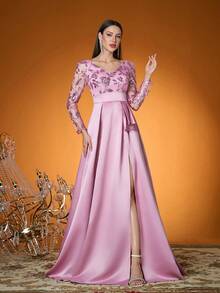 Mgiacy,New ArrivalFOR,V Neck,Sweet,Ladies' Ball Dress,Contrast Lace,Flounce,High Slit,Satin,Long Dress,FOR,Wedding Guest