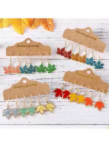 Fashionable Unique Thanksgiving Maple Leaf Earrings, Creative Leaf Drop Oil Jewelry Set - Yellow Gold - View 9
