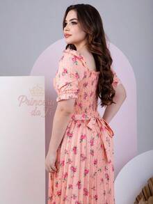 Pleated Midi Dress, Short Puff Sleeves, High Waist, Printed Crepe, Evangelical Fashion - 三文魚色 - 查看 5