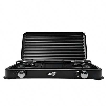 Parrilla estufa 2 quemadores gas con tapa color negro SGS6002B cocina exteriores camping hogar diseño compacto portátil resistente eficiencia energética fácil limpiar