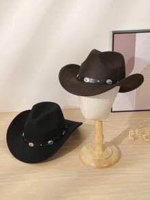 1pc Men's And Women's Detachable Metal Trimmed Western Cowboy Hat, Polyester Felt Hat, Lightweight And Unisex Fashion Hat For All Seasons, Suitable For Outdoor Activities, Party Gatherings, And Daily Wear