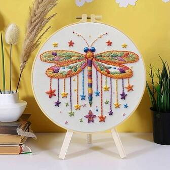 1pc Embroidery Set, 15x15cm/5.9x5.9 Inches,20x20cm/7.9x7.9 Inch, Colorful Dragonfly Pattern, Including Needles, Threads, Pre-Printed Cloth, Hoop And Instruction. Beginners Friendly, Ideal Gift For Family And Friends, Easy- Learning DIY Hand Art Craft, Family Office Wall Decor Art