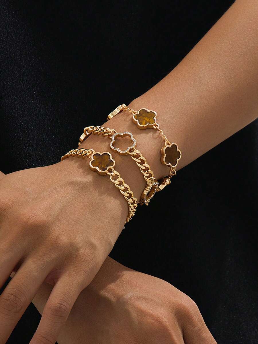 Bộ 3 vòng tay chuỗi hạt đính đá hình cỏ ba lá nâu cho nữ - màu nâu - Xem 1