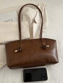 1个咖啡棕色绗缝拉链PU纯色保龄球包，大容量手提包，新款时尚复古单肩包，适合女性日常使用，秋冬季 - 棕色 - 查看 9