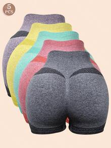 [Seamless Yoga Shorts] 5pcs High-Waist Seamless Stretch Yoga Shorts   Sports Cycling Fitness Shorts For Women Internet Celebrity Peach Hip Three-Point - 彩色 - 查看 3
