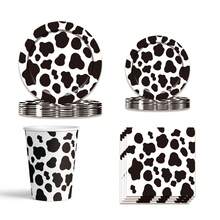 Set de 80 piezas de suministros desechables para fiesta con temática de vaca, incluye platos de 9 pulgadas, platos de papel de 7 pulgadas, vasos de papel desechables con estampado de vaca, vasos para bebidas, ideal para fiestas de cumpleaños, reuniones al aire libre y barbacoas - Blanco y Negro - Ver 9