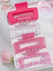 4个/3个/2个装紫红色爱心爪夹，粉色闪光发夹，闪亮发爪，Y2K爱心印花发夹，女孩和女士配饰，春夏必备，适合生日、婚礼、母亲节、派对、情人节、返校季等场合，发夹，美发工具，卷发，旅行，美发工具，女士配饰，发饰，花朵发夹，节日必备发饰 - 彩色 - 查看 7