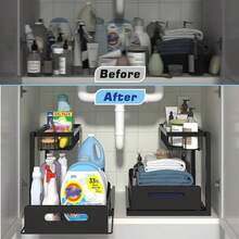 2-Tier Sliding Drawer Plastic Material Sink Organizer Rack, Multifunctional Kitchen & Bathroom Storage Solution, Black Sink Organizer And Cabinet