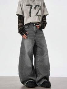 1 pieza Pantalones vaqueros de hombre de pierna ancha, estilo retro, lavados, de corte holgado y casual