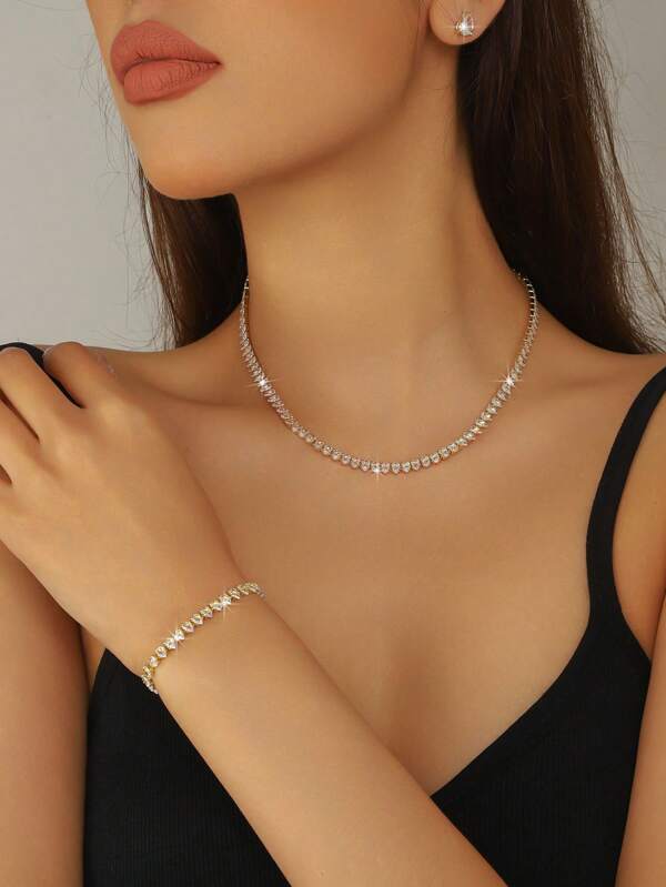 Women's Elegant Luxury Fashion Jewelry 3 PiecesSet, Rhinestone Necklace + Bracelet + Earrings, Graceful And Generous, Best Accessory For Weddings, Galas, And Parties