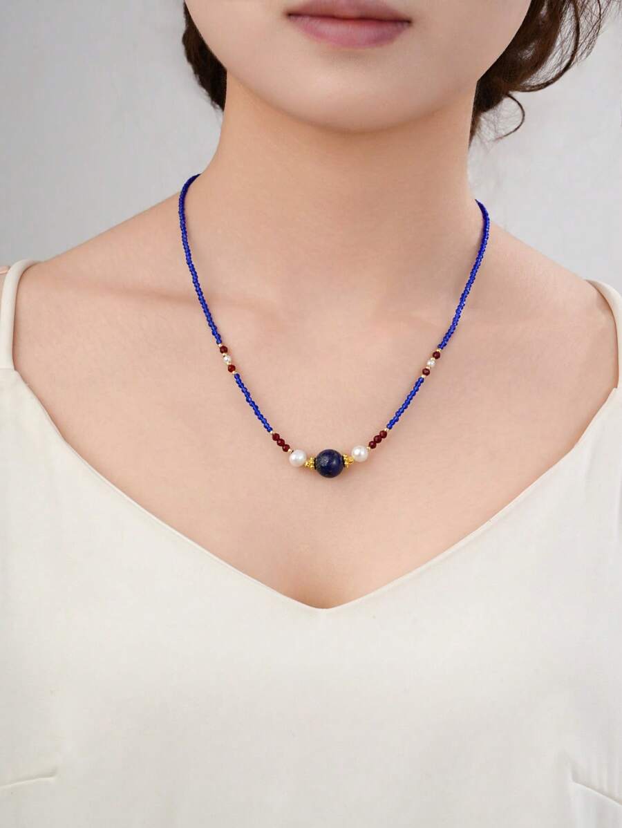 女士复古时尚青金石串珠项链，奢华天然石和养殖珍珠蝴蝶宗教链 - 藍色 - 查看 1