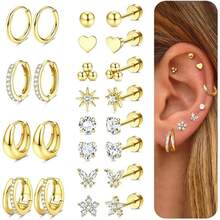 Milacolato Hypoallergenic Gold Stud Hoop Earrings For Women Men Surgical Stainless Steel Flat Back Earrings Small 14K Gold Huggie Hoops Cartilage Earring Set For Multiple Piercing Jewelry Gifts For Women - 彩色 - 查看 19