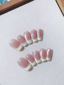 10片粉色猫眼渐变法式流苏美甲贴纸，简约可爱日常风，长梯形假指甲，适合女性、女孩和DIY美甲爱好者，手工按压式美甲贴片 - 淺粉色 - 查看 3