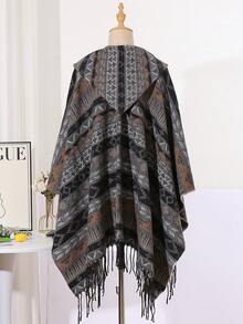 1pc Autumn/Winter Tassel Geometric Pattern Hooded Unisex Cape Shawl Outerwear For Daily Wear And Travel - Multicolor - View 4