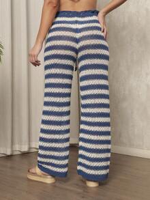 Women's Beach Cover-Up Pants, Crochet, Striped, Knitting, Summer Fashion - Blue - View 4
