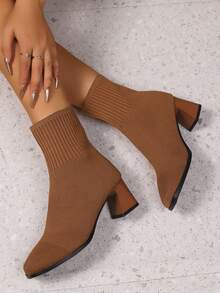 秋冬女士针织弹力袜靴，方头百搭高跟靴，粗跟时尚踝靴