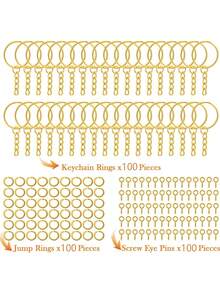 300pcs Key Rings, 100pcs 25mm Keychain With Chain, 100pcs Split Rings, 100pcs Screw Eye Pins, Suitable For Resin, Crafts And Keychain Making, Car Accessories, Cute Gothic Y2K Style Lanyard, ID Badge Holder, Car Accessories Decoration - 金色 - 查看 2