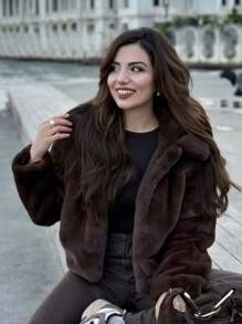 Women's Fashionable Metal Trim Fuzzy Tassel Glitter Long Sleeve Crew Neck Jacket