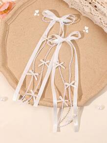 2 piezas Elegantes lazos de cinta para el cabello de niñas con cadena de perlas falsas, pinzas de cocodrilo con cola larga, pasadores de cabello para boda, vacaciones, dulces y lindos, accesorios para el cabello de adolescentes, regalo festivo