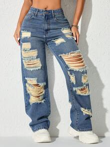 Rave Y2K Vintage High Waist Ripped Straight Leg Jeans With Side Pockets - Navy Blue - View 7
