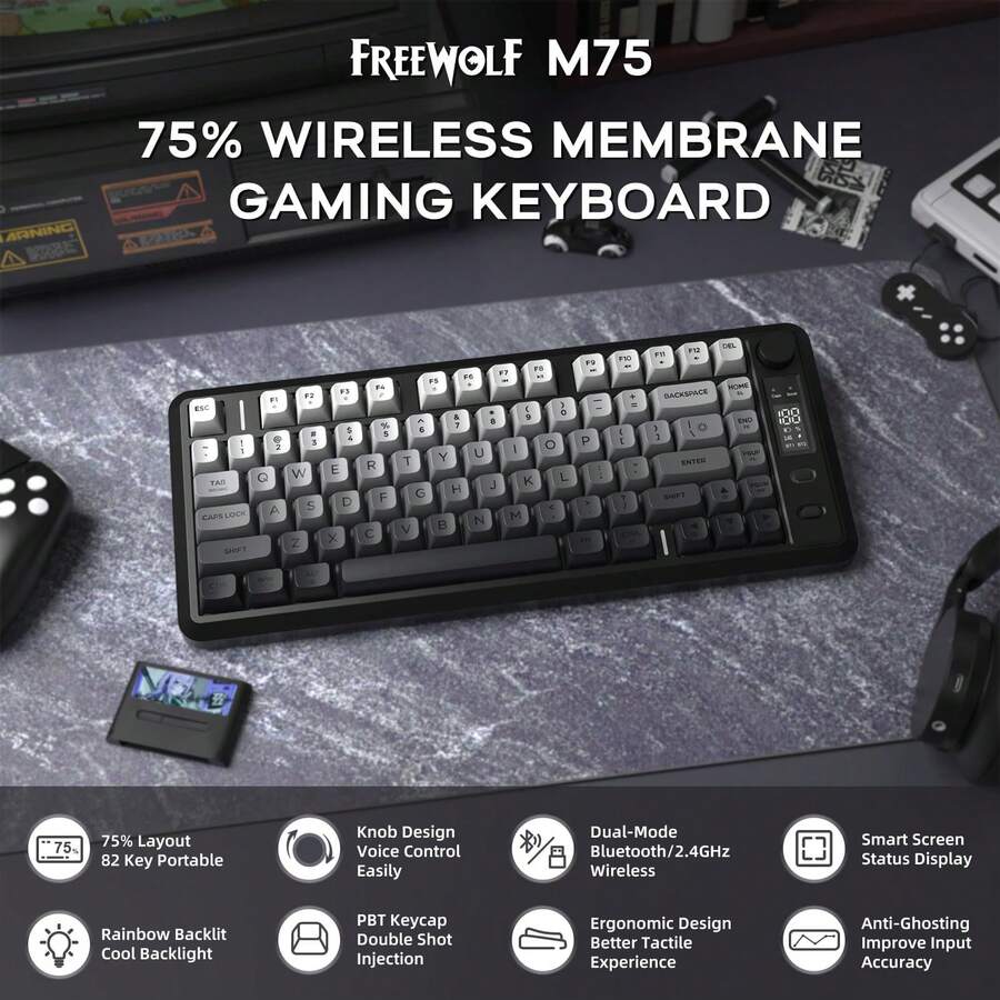 LexonTech Teclado inalámbrico para juegos ZIYOU LANG M75, con retroiluminación RGB, batería recargable de 2000mAh, teclado pequeño con membrana, pantalla inteligente y perilla, teclas degradadas de PBT para PC - Multicolor - Ver 1