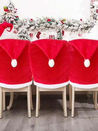 4 Pcs Christmas Chair Cover,- Chair Covers Christmas Chair Decor,Red Santa Hat Chair Slipcovers For Christmas Holiday Festival Decoration, Santa Claus Chair Back Covers, Xmas Indoor Decor Ornaments Set For The Dining Room, Bedroom, Kitchen Outdoor A Variety Of Scenes, Christmas Decorations