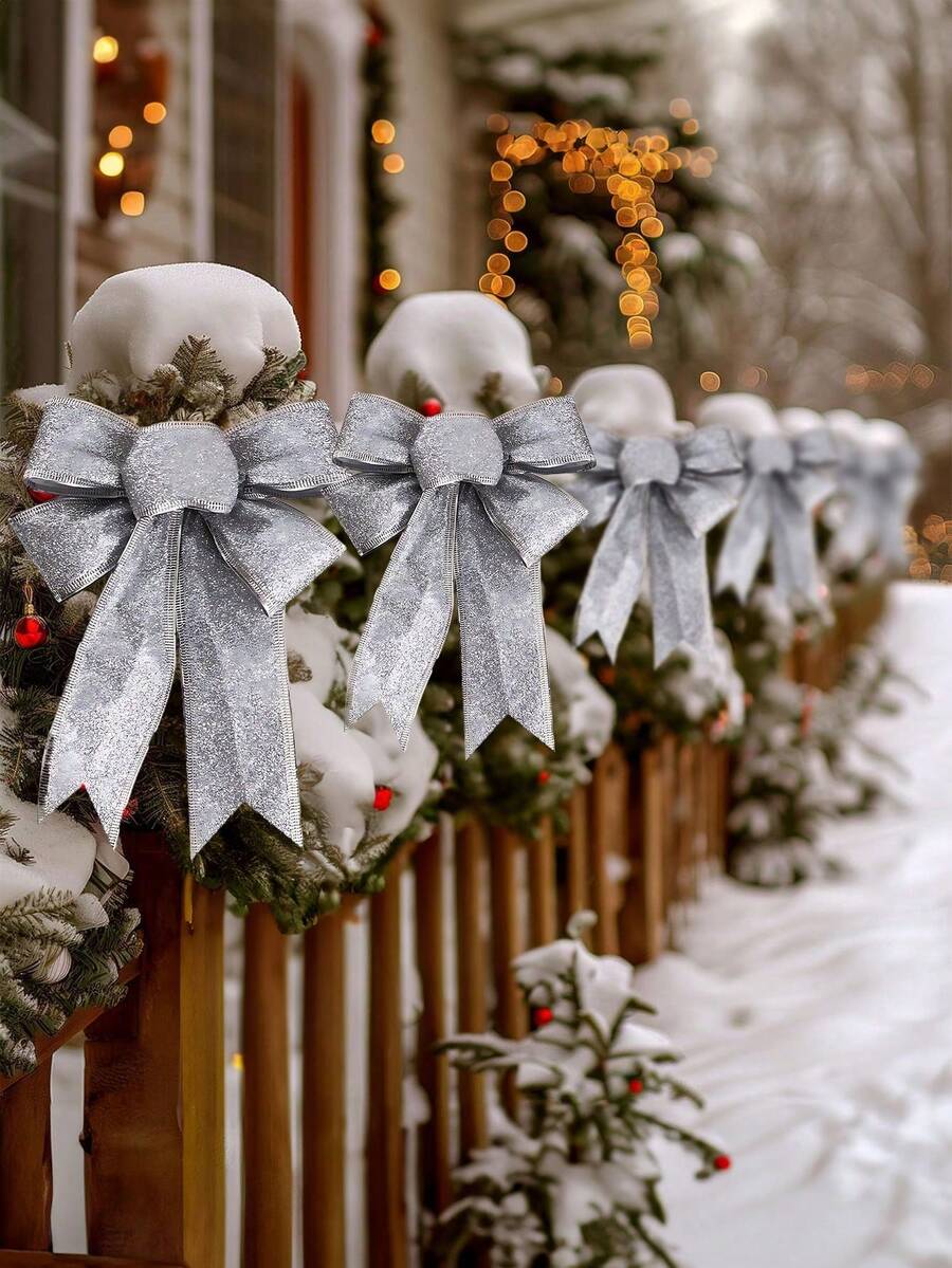 6pcs/3pcs/1pc Shiny Christmas Bow Decor - Christmas Wreath Bows, Suitable For Holiday Decoration, Fit For Large Gifts, Great For Hanging On Christmas Trees And As Holiday Decorations, Holiday Wreath DIY Wreath Holiday Decoration Winter Greenery, Winter Holiday Christmas Wreath Wreath Home Garden Party Decor, Christmas Tree Decoration, Christmas Decoration, Christmas Tree Decor, Christmas Table Decor - Silver
