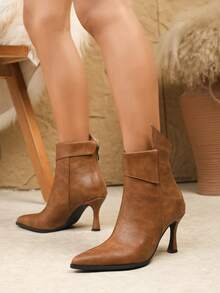 Stivaletti alla caviglia da donna con punta affusolata e tacco a spillo, in morbida pelle, con cerniera sul retro, di colore unito, adatti per l'autunno/inverno, stivali da donna, tacco a rocchetto - Castano - Visualizzare 3