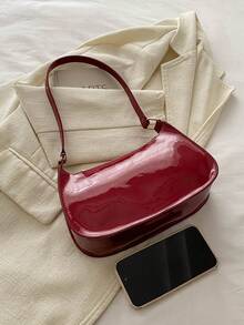 Minimalist Solid Color Glossy Shoulder Bag - Burgundy - View 2