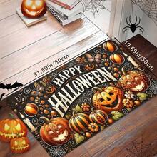 1 buc. Covoraș de intrare cu imprimeu de dovleac pentru decor de casă de Halloween, moale, antiderapant, absorbant, lavabil, pentru bucătărie, covor pentru atmosferă de sărbătoare, covor dreptunghiular cu fire scurte pentru intrarea în camera de zi, dormitor, bucătărie, spălătorie, baie