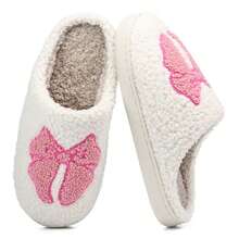 Womens Memory Foam Bow Slippers Slip On Plush Fluffy Warm House Slippers Winter Women Shoes - 粉色 - 查看 1