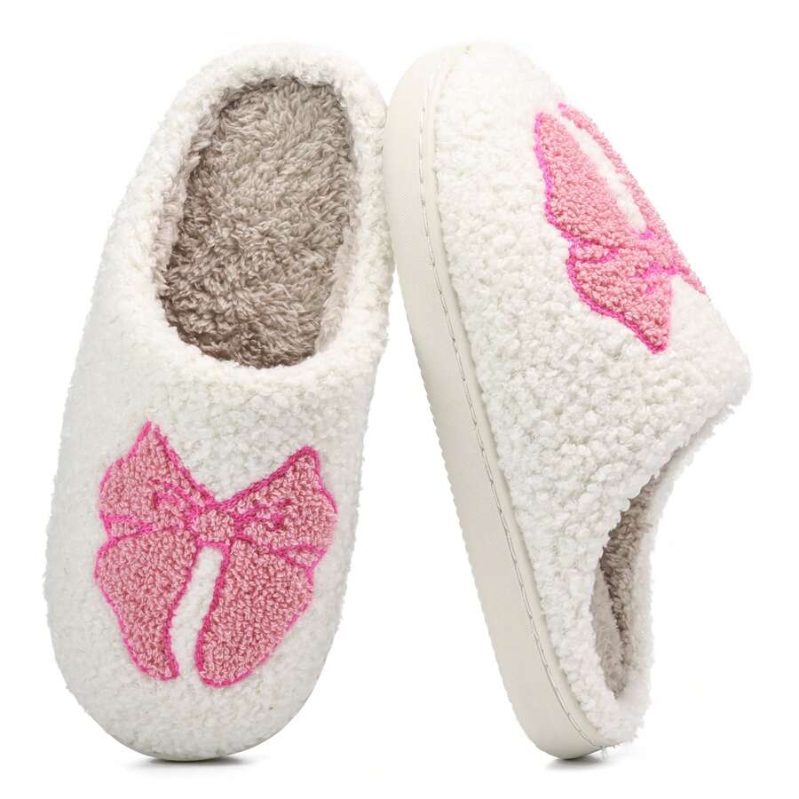 Womens Memory Foam Bow Slippers Slip On Plush Fluffy Warm House Slippers Winter Women Shoes - 粉色 - 查看 1