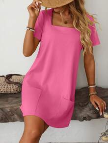 GoyRrbay Women's Fashion Dress Solid Color Square Neck Short Sleeve Casual Mini Dress With Pockets - 玫紅色 - 查看 3