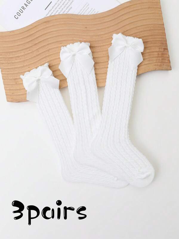 3 pares de calcetines altos hasta la rodilla con lazo para niñas, calcetines altos hasta el muslo blancos sin talón, estilo Lolita versátil adecuado para todas las edades