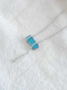 夏季 925 纯银女士项链，方形海蓝宝石水晶项链，镶嵌精美钻石锆石时尚珠宝礼物，适合海滩度假、节日、约会和女性日常佩戴 - 銀色藍色水晶 - 查看 9