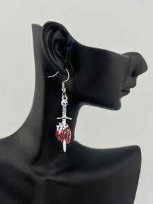 1 对复古剑穿心吊坠耳环，哥特式夸张骷髅耳环，适合万圣节派对 - 紅色 - 查看 1