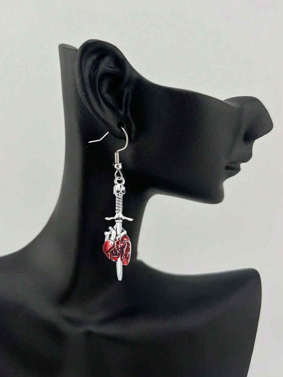 1 对复古剑穿心吊坠耳环，哥特式夸张骷髅耳环，适合万圣节派对 - 紅色 - 查看 1